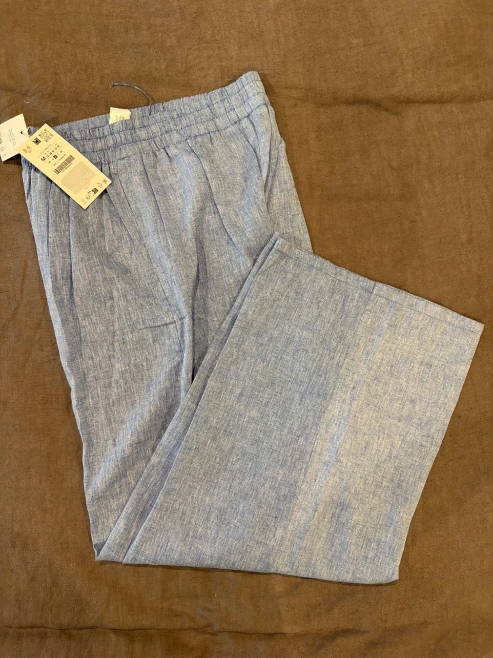 Zara Blue Linen Blend Pull-On Pants Size M NWT